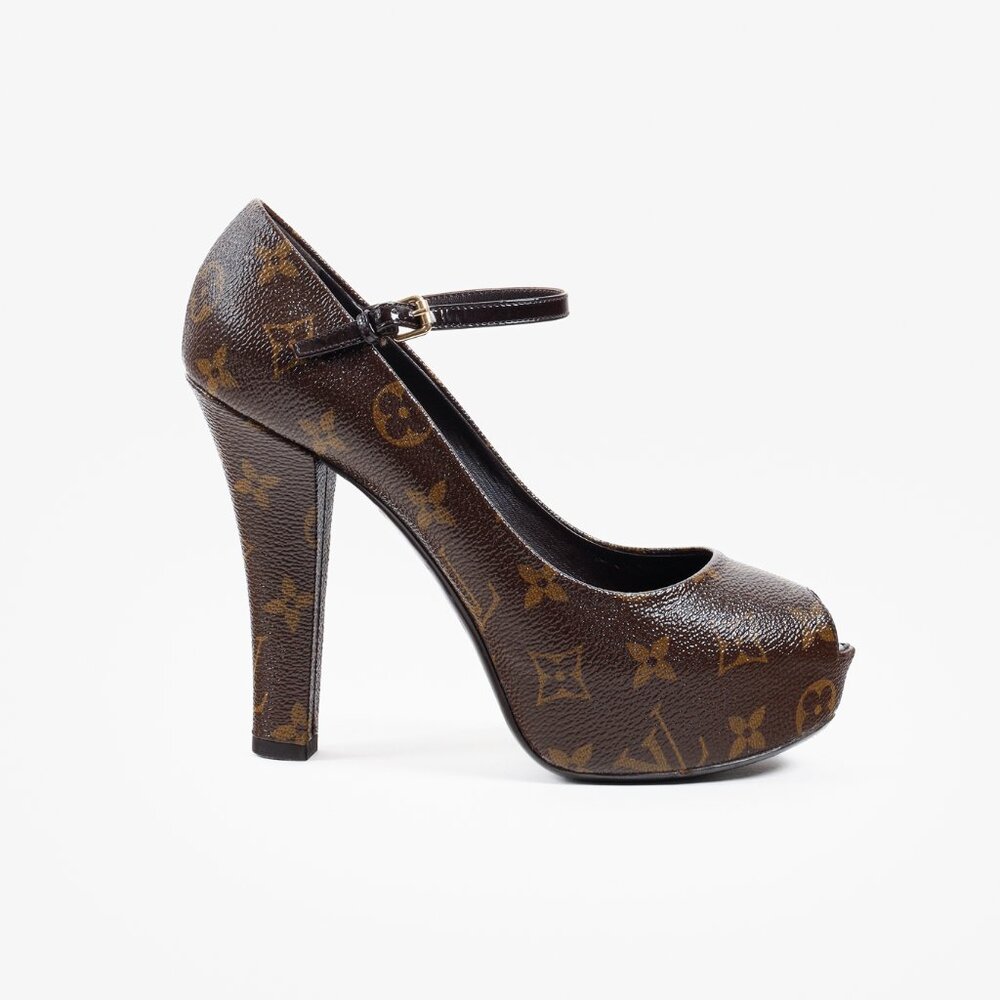 Louis Vuitton Brown Monogram Canvas Peep Toe Mary Jane Pumps